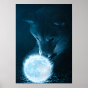 Cool mystical Fantasy Wolf die de maan vasthoudt Poster