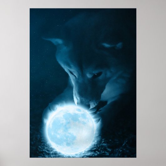 Cool mystical Fantasy Wolf die de maan vasthoudt Poster (Voorkant)