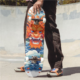 Cool Mythical Dragon Head Sinaasappel Blauwe Tint Skateboard