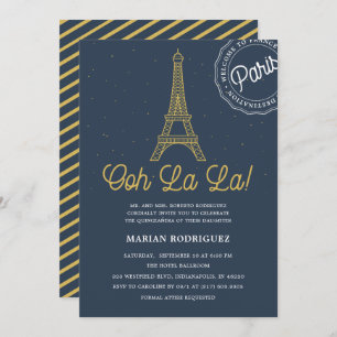 Cool Navy Blue Gold Eiffel Tower Paris Quinceañera Kaart