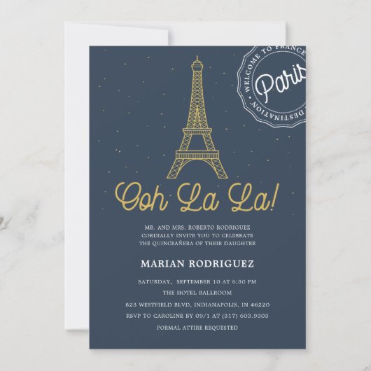 Cool Navy Blue Gold Eiffeltoren Paris Quinceañera Kaart (Voorkant)