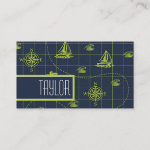 Cool, Navy Blue, Lime Green Nautische Kaart Visitekaartje