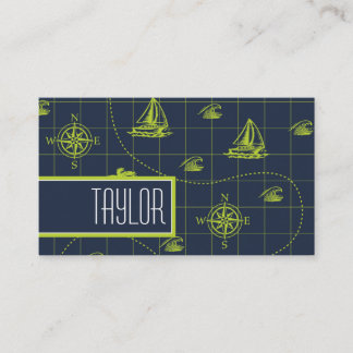 Cool, Navy Blue, Lime Green Nautische Kaart Visitekaartje