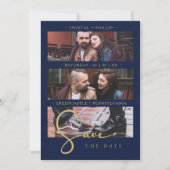 Cool Navy Golden Romantic Wedding 3 Multi Photos Save The Date (Voorkant)