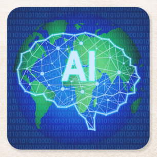 Cool Neon Artificial Intelligence met Wereldkaart Vierkante Kartonnen Onderzetter