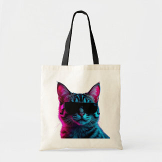 Cool Neon Cat with Sunglasses Aesthetic Budget Tot Tote Bag