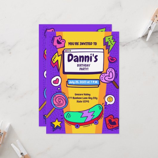 Cool Nostalgic 90's Thème Anniversaire Invitation (Devant/Arrière en situation)