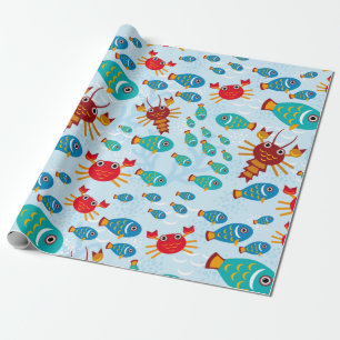 Cool Ocean Marine Life Fish and Crab Blue Cadeaupapier