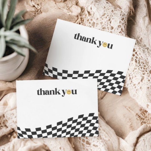 Cool One Boy's First Birthday Checkered Retro Bedankkaart