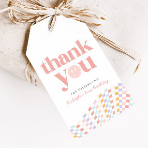 Cool One Girl's Happy Face Checkered Retro Favorie Cadeaulabel