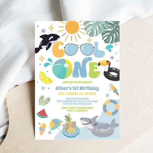 Cool One Pool Party Summer 1st Birthday Invitation
