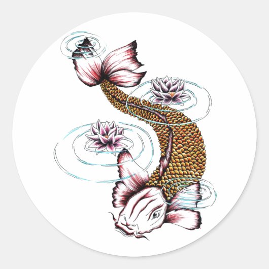 Cool Oosters Japans Koi Karper Vis Roze Lotus Ronde Sticker (Voorkant)