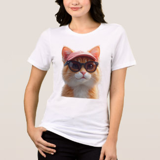 Cool orange cat wearing sunglasses and a pink base Tri-Blend shirt