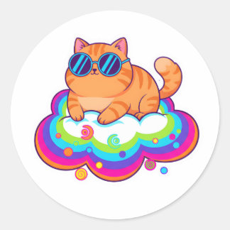Cool Orange Cat Wearing Sunglasses on Rainbow Clou Ronde Sticker