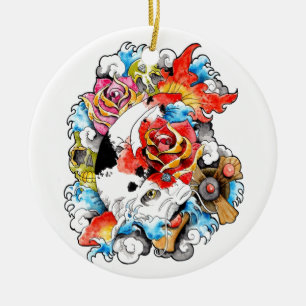 Cool Oriental Japanse Koi Carp Fish Flowers Keramisch Ornament