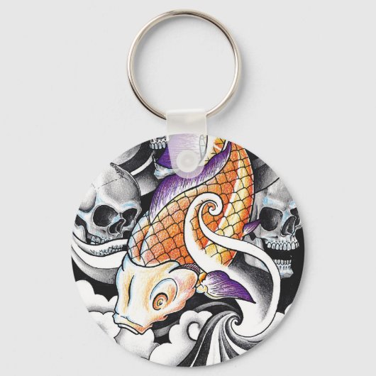 Cool Oriental Koi Carp Skull tattoo Sleutelhanger (Voorkant)