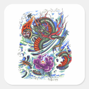 Cool Oriental Water Dragon Lotus Vierkante Sticker