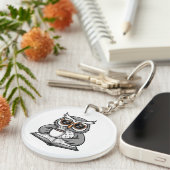 Cool Owl Reading With Coffee Sleutelhanger (Voorkant Rechts)