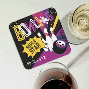 Cool Paarse Roze Gele Strike Bowling Star Pins Vierkante Kartonnen Onderzetter