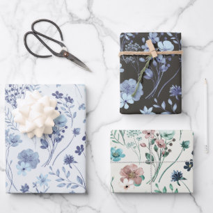 Cool Pastel Blauw & Crème Rustieke Waterverf Bloem Inpakpapier Vel