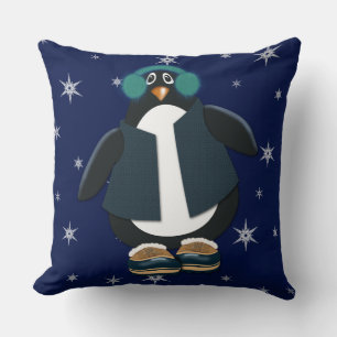Cool Penguin Night Sky Snowflakes Kussen
