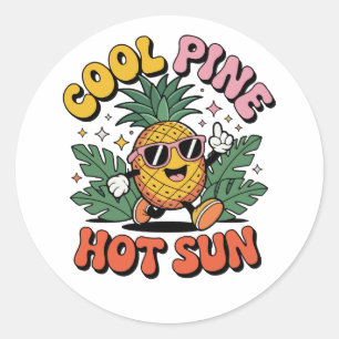 Cool Pine Hot Sun Retro Ananas Zomer Vibes Ronde Sticker