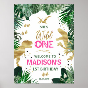 Cool Pink Girl Dinosaurs Birthday Welkom Poster