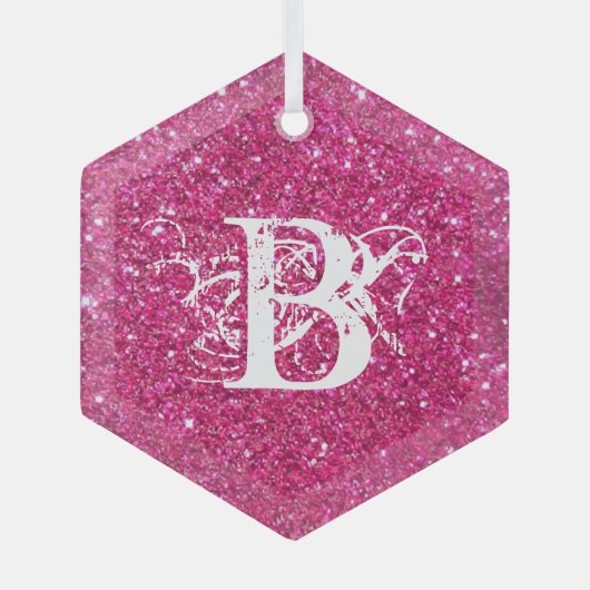 Cool Pink Glitter White Funky Monogram Aangepast Glas Ornament (Voorkant)
