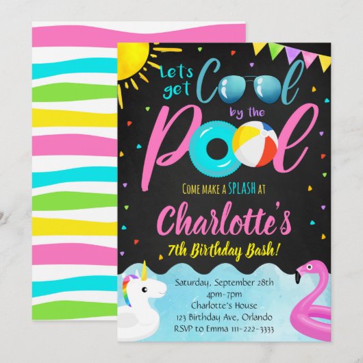 Cool Piscine Fête Nage Anniversaire Invitation (Devant / Derrière)