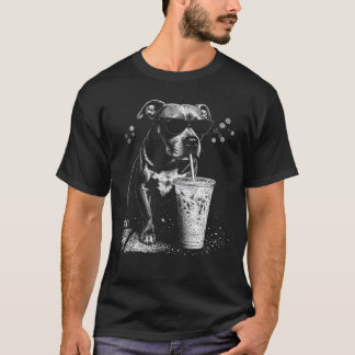 Cool Pitbull Drinkt IJskoude Koffie - Vintage Hond T-shirt