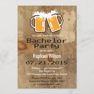 Cool Pixel Beers & Wood Bachelor Party Invitation Kaart