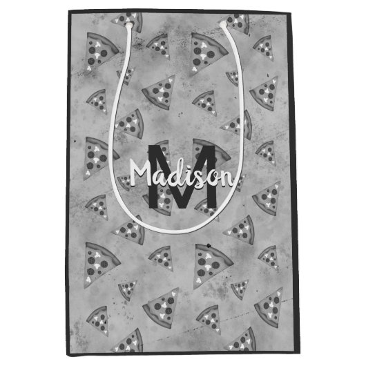 Cool pizza slice  zwart wit monogram medium cadeauzakje (Voorkant)
