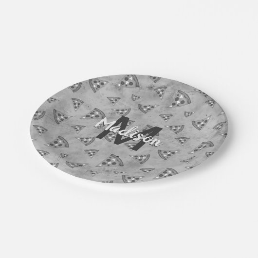 Cool pizza slice  zwart wit monogram papieren bordje (Gekanteld)