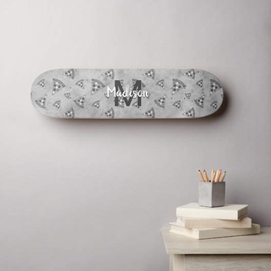 Cool pizza slice  zwart wit monogram skateboard (Muurkunst (Horizontaal))