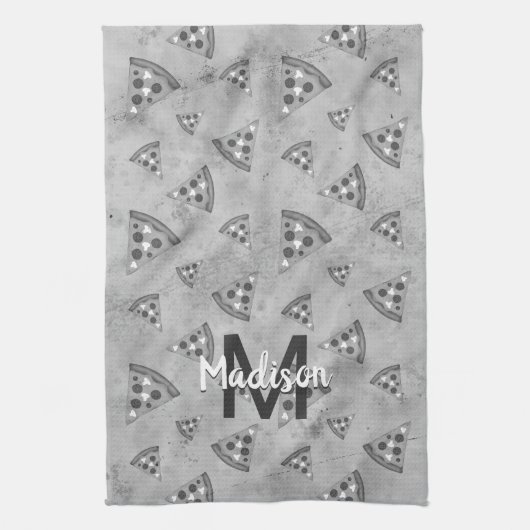 Cool pizza slice  zwart wit monogram theedoek (Verticaal)