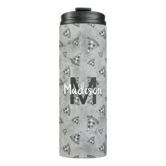 Cool pizza slice  zwart wit monogram thermosbeker (Voorkant)