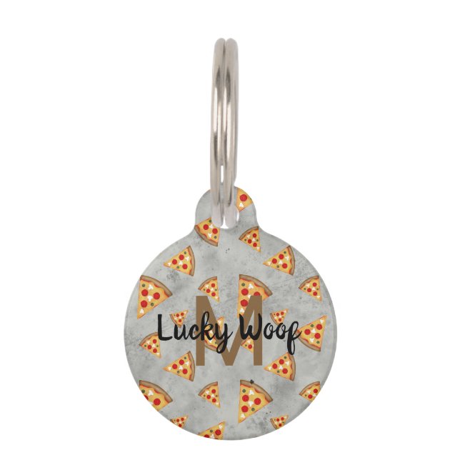 Cool pizza snijdt  grijs patroon Monogram Huisdierpenning (Voorkant)