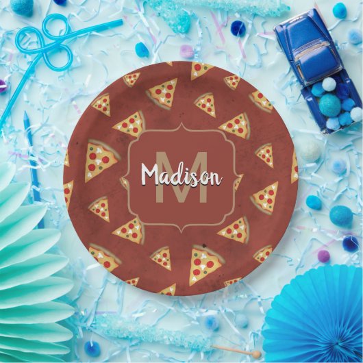 Cool pizza snijdt rood patroon Monogram Papieren Bordje (Feest)