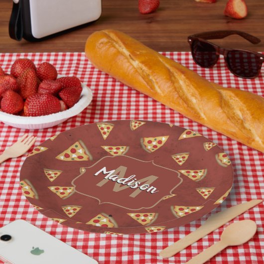 Cool pizza snijdt rood patroon Monogram Papieren Bordje (Picknick)