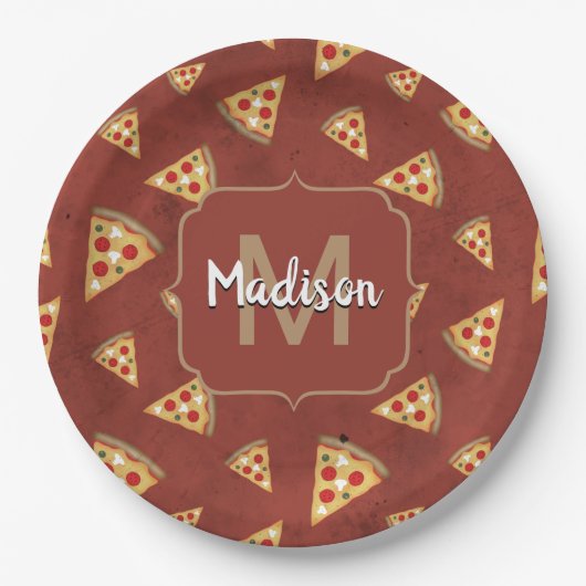Cool pizza snijdt rood patroon Monogram Papieren Bordje (Voorkant)
