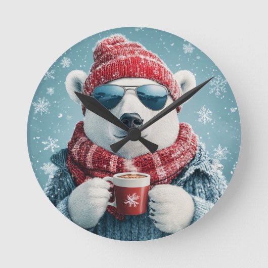 Cool Polar Bear Wall Clock with Hot Cocoa - Fun Wi Ronde Klok (Voorkant)