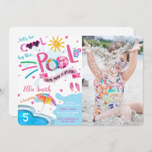 Cool Pool Invitation photo Anniversaire (Devant / Derrière)