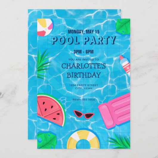 Cool Pool Party | Nage Invitation d'anniversaire (Devant / Derrière)
