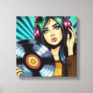 Cool Pop Art Comic Style Meisje met Vinyl Album Canvas Afdruk