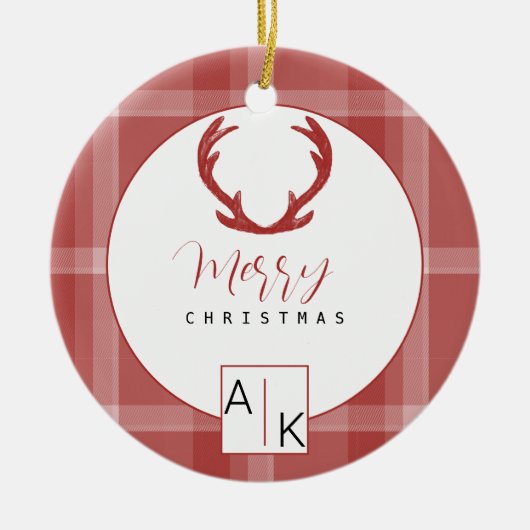 Cool Red Tartan Monogram Keramisch Ornament (Voorkant)