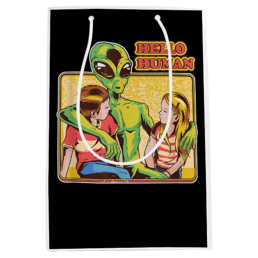 Cool Retro Alien ET Hallo Humans Buitenspatie Gala Medium Cadeauzakje (Voorkant)