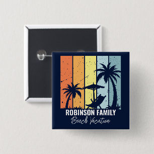 Cool Retro Beach Vakantie Custom Navy Blauw Vierkante Button 5,1 Cm