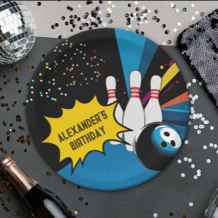 Cool Retro Blauwe Zwarte Bowling Kegel Verjaardags Papieren Bordje