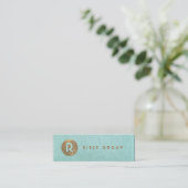 Cool Retro Gold Monogram Modern Aqua Blue Mini Visitekaartje (Staand voorkant)