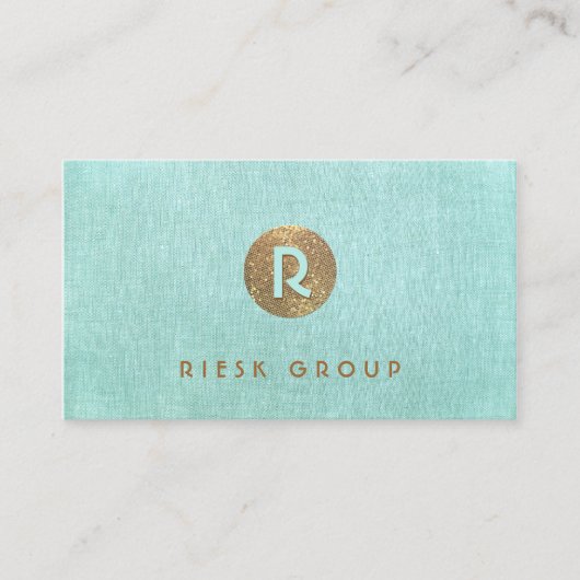 Cool Retro Gold Monogram Modern Aqua Blue Visitekaartje (Voorkant)